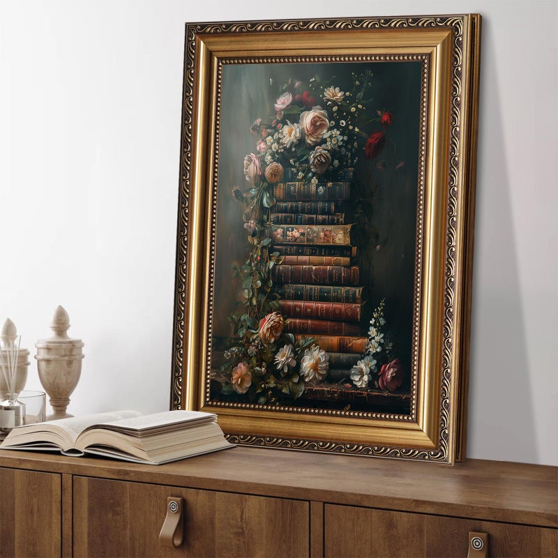 ASTRDECOR Framed Vintage Floral Wall Art - Moody Flowers Books Art Oil Painting, Vintage Wildflowers Dark Academia Floral Gallery Wall Decor Picture, Rustic Country Canvas Decor for Living Room Office 16''x24'' - Image 3