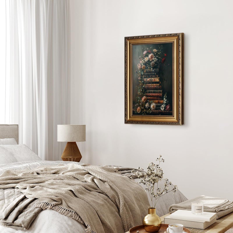 ASTRDECOR Framed Vintage Floral Wall Art - Moody Flowers Books Art Oil Painting, Vintage Wildflowers Dark Academia Floral Gallery Wall Decor Picture, Rustic Country Canvas Decor for Living Room Office 16''x24'' - Image 5