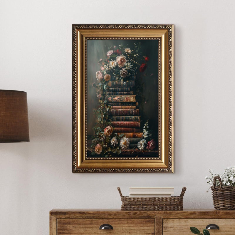 ASTRDECOR Framed Vintage Floral Wall Art - Moody Flowers Books Art Oil Painting, Vintage Wildflowers Dark Academia Floral Gallery Wall Decor Picture, Rustic Country Canvas Decor for Living Room Office 16''x24'' - Image 4
