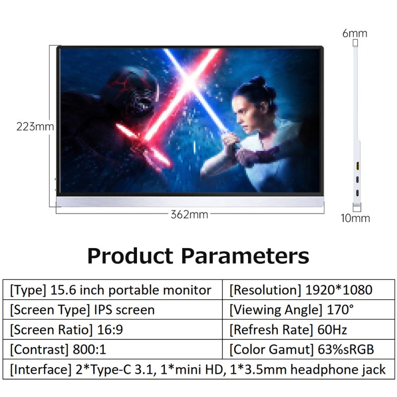 شاشة محمولة 15.6 بوصة فضية شاشة IPS دقة 1920*1080 عرض صور HDR - تقنية FreeSync حماية العينين جسم خفيف جدًا من سبائك الألومنيوم للكمبيوتر المحمول والهاتف والسفر الخارجي والمكتب - Image 3