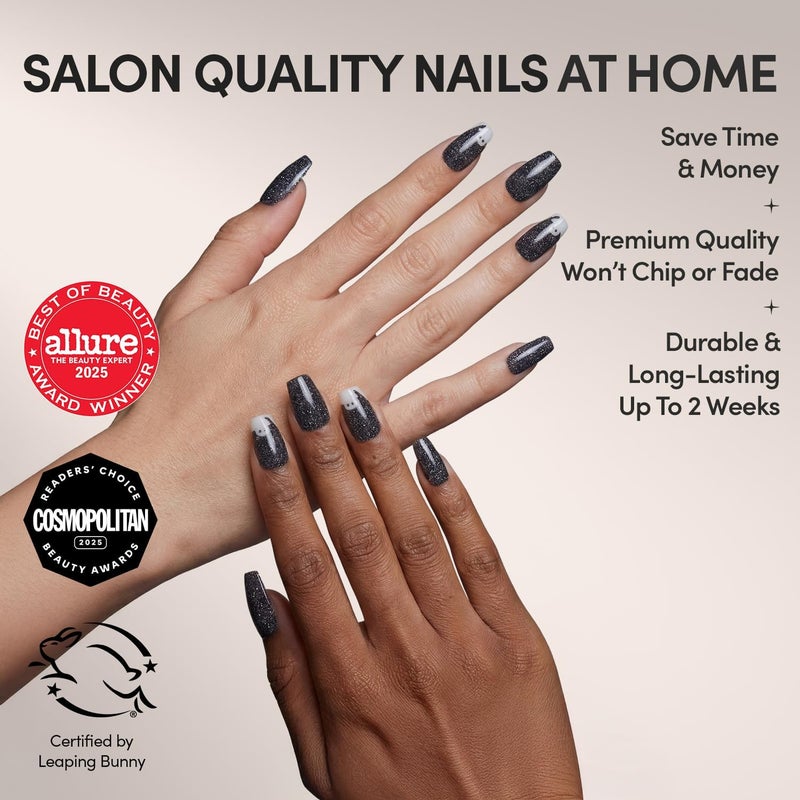 Glamnetic Timely planned dispatch Press On Nails - Phantom Glow | Opaque Black Glitter & Glow-in-the-Dark Ghost Medium Coffin False Nails, Reusable Stick On Fake Nails with Glue | Salon Quality | 15 Sizes - 30 Nail Kit Light & sturdy - Image 2