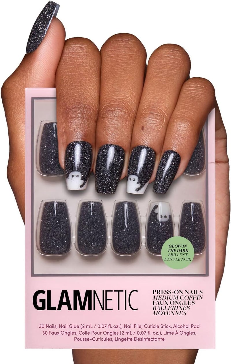 Glamnetic Timely planned dispatch Press On Nails - Phantom Glow | Opaque Black Glitter & Glow-in-the-Dark Ghost Medium Coffin False Nails, Reusable Stick On Fake Nails with Glue | Salon Quality | 15 Sizes - 30 Nail Kit Light & sturdy - Image 1