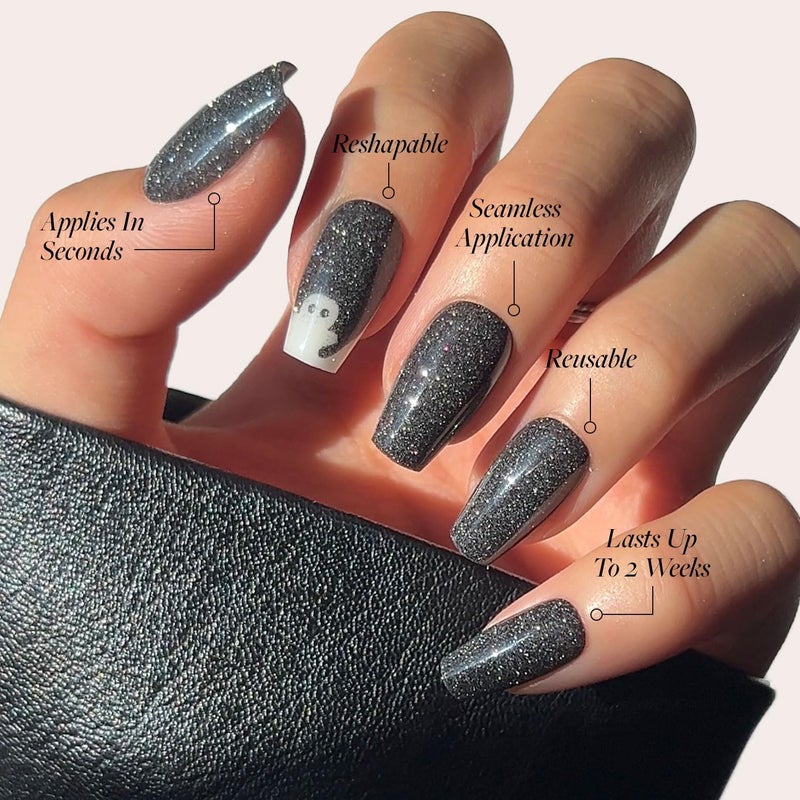 Glamnetic Timely planned dispatch Press On Nails - Phantom Glow | Opaque Black Glitter & Glow-in-the-Dark Ghost Medium Coffin False Nails, Reusable Stick On Fake Nails with Glue | Salon Quality | 15 Sizes - 30 Nail Kit Light & sturdy - Image 3