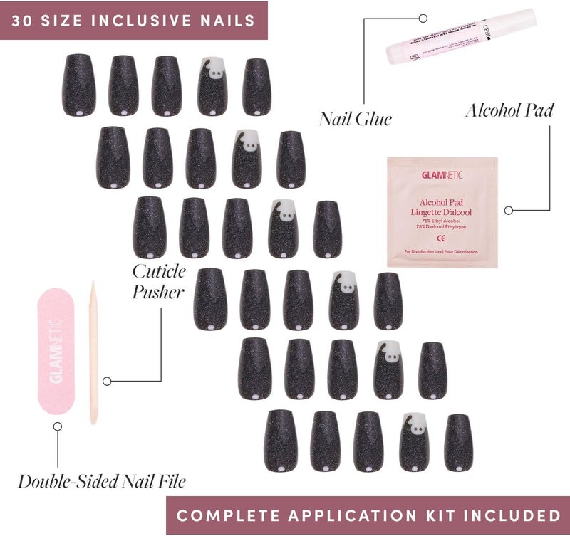 Glamnetic Timely planned dispatch Press On Nails - Phantom Glow | Opaque Black Glitter & Glow-in-the-Dark Ghost Medium Coffin False Nails, Reusable Stick On Fake Nails with Glue | Salon Quality | 15 Sizes - 30 Nail Kit Light & sturdy - Image 4