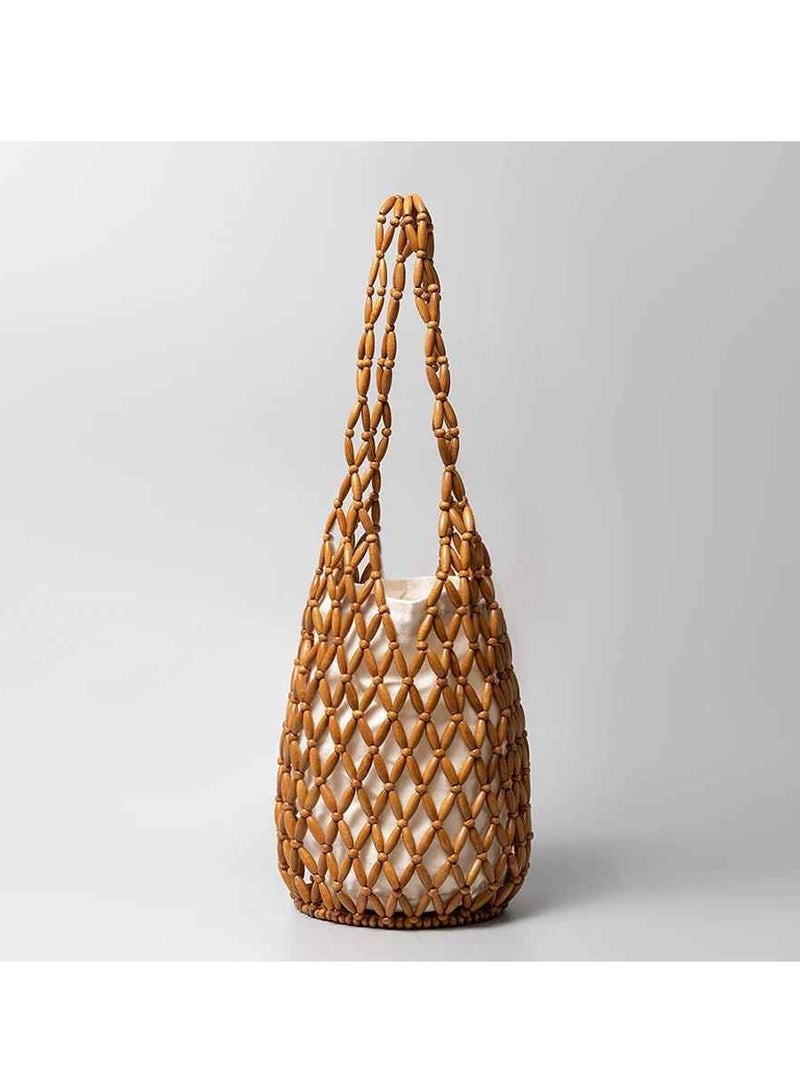 AROAQ Women Woven Handbag, Wooden Bead Tote Bag, Lightweight And Easy To Carry Shoulder Bag, Durable Summer Design Hollow Out Fashion Bag For Women Girls, (1pc, Brown) - Image 2