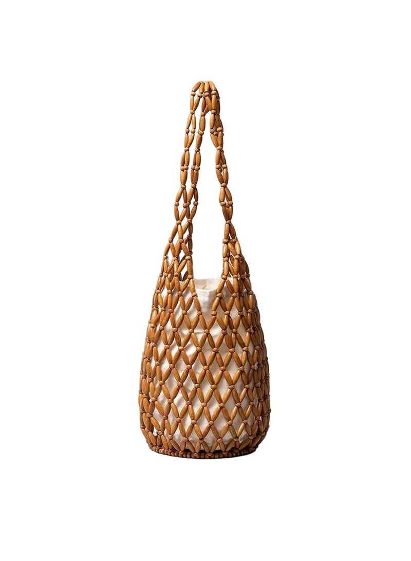 AROAQ Women Woven Handbag, Wooden Bead Tote Bag, Lightweight And Easy To Carry Shoulder Bag, Durable Summer Design Hollow Out Fashion Bag For Women Girls, (1pc, Brown) - Image 1