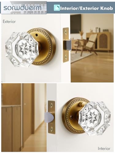 SORWDUERM Antique Brass Door Knobs Crystal Door Knob Interior Privacy Door Knob for Bedroom and Bathroom Glass Door Knob,Zinc Alloy 2 Pack - Image 5