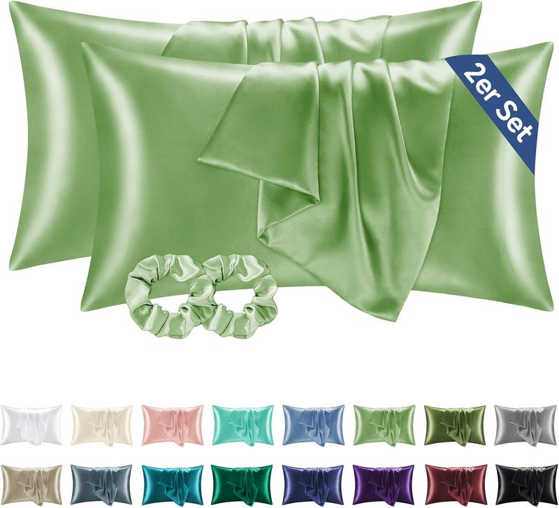 BEDELITE Satin Cushion Cover, Set of 2, 40 x 80 cm, Grass Green | Silk Pillowcase Alternative, Soft for Summer, 2 Hair Bobbles Included, for Hair and Skin - Image 1