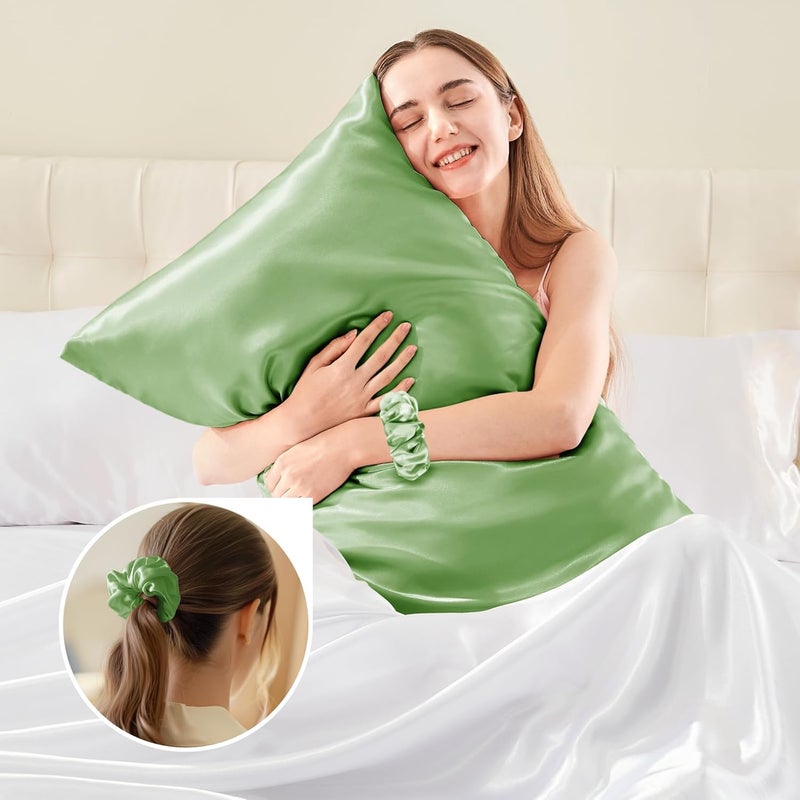 BEDELITE Satin Cushion Cover, Set of 2, 40 x 80 cm, Grass Green | Silk Pillowcase Alternative, Soft for Summer, 2 Hair Bobbles Included, for Hair and Skin - Image 5