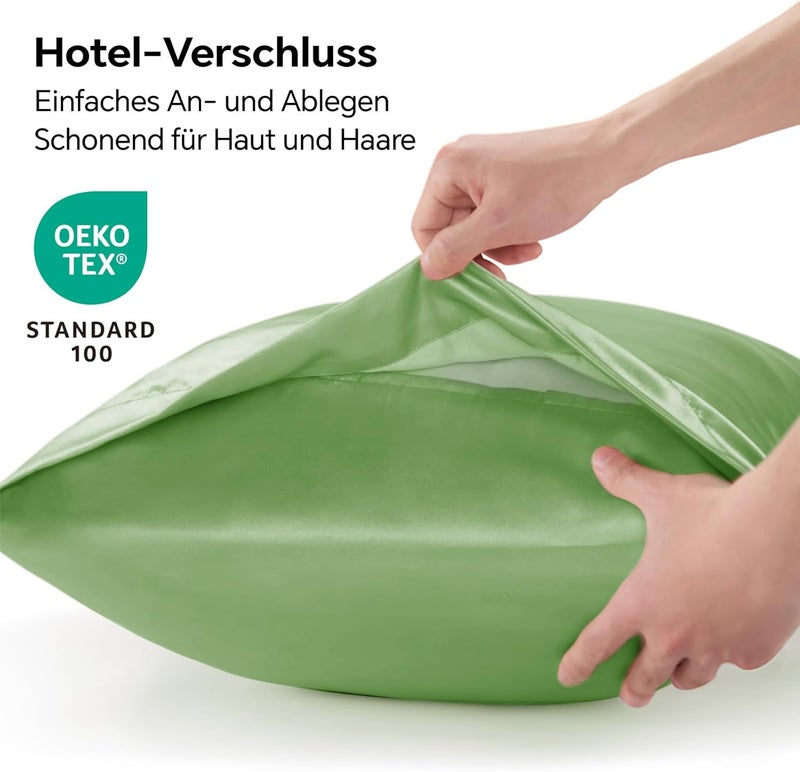 BEDELITE Satin Cushion Cover, Set of 2, 40 x 80 cm, Grass Green | Silk Pillowcase Alternative, Soft for Summer, 2 Hair Bobbles Included, for Hair and Skin - Image 2