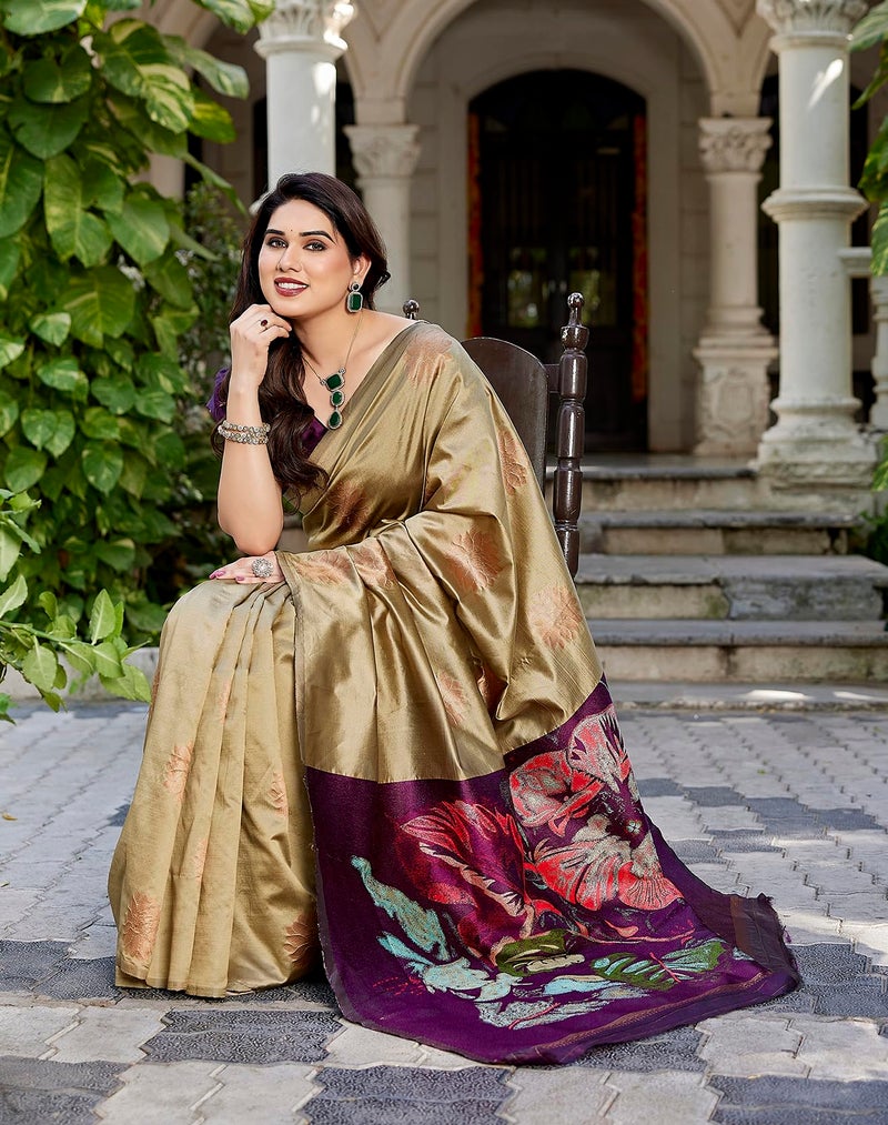 Yashika Women's Cotton Silk Beautiful Floral Printed Saree | Cream Color Saree | Women Sari | Saree - Image 2