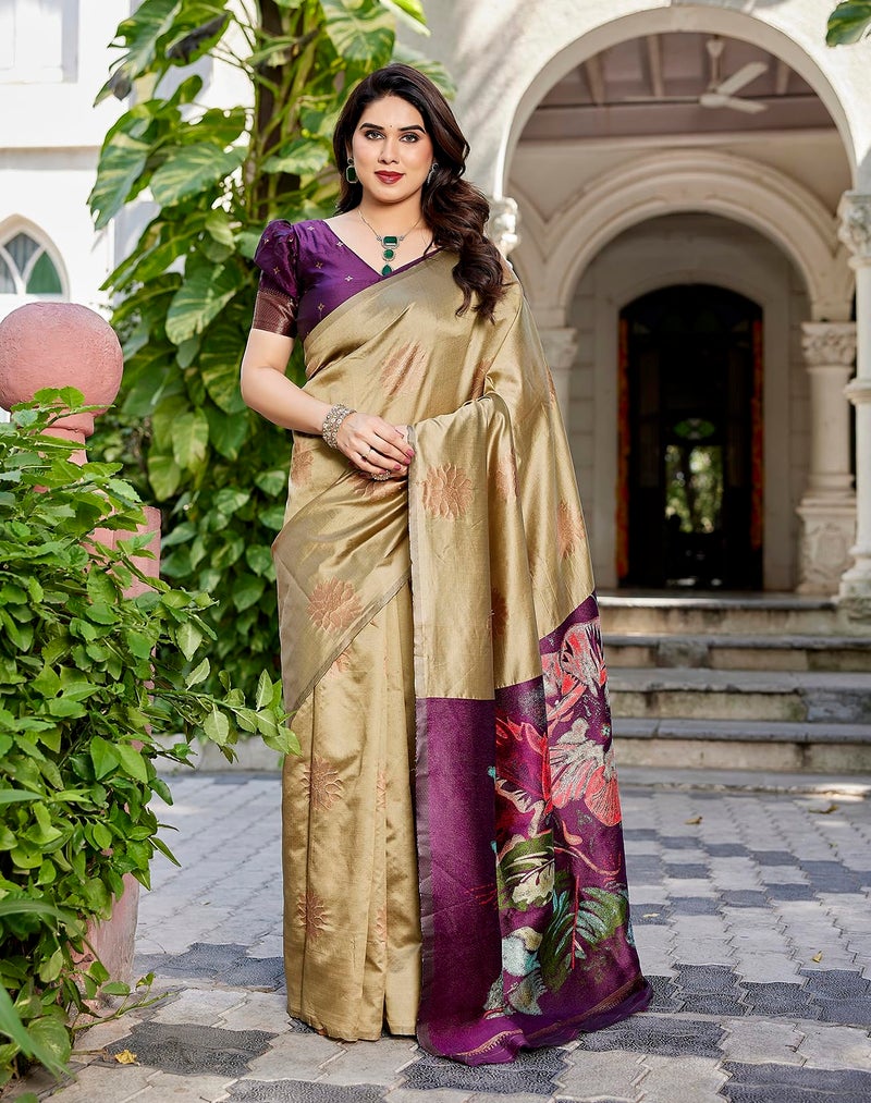 Yashika Women's Cotton Silk Beautiful Floral Printed Saree | Cream Color Saree | Women Sari | Saree - Image 3