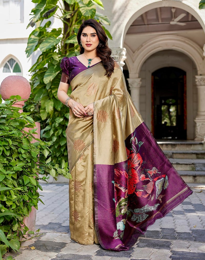 Yashika Women's Cotton Silk Beautiful Floral Printed Saree | Cream Color Saree | Women Sari | Saree - Image 4