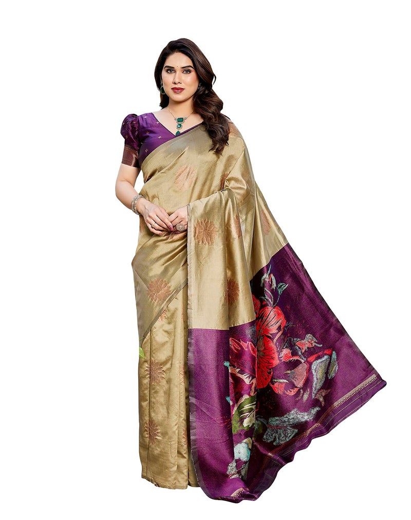 Yashika Women's Cotton Silk Beautiful Floral Printed Saree | Cream Color Saree | Women Sari | Saree - Image 1