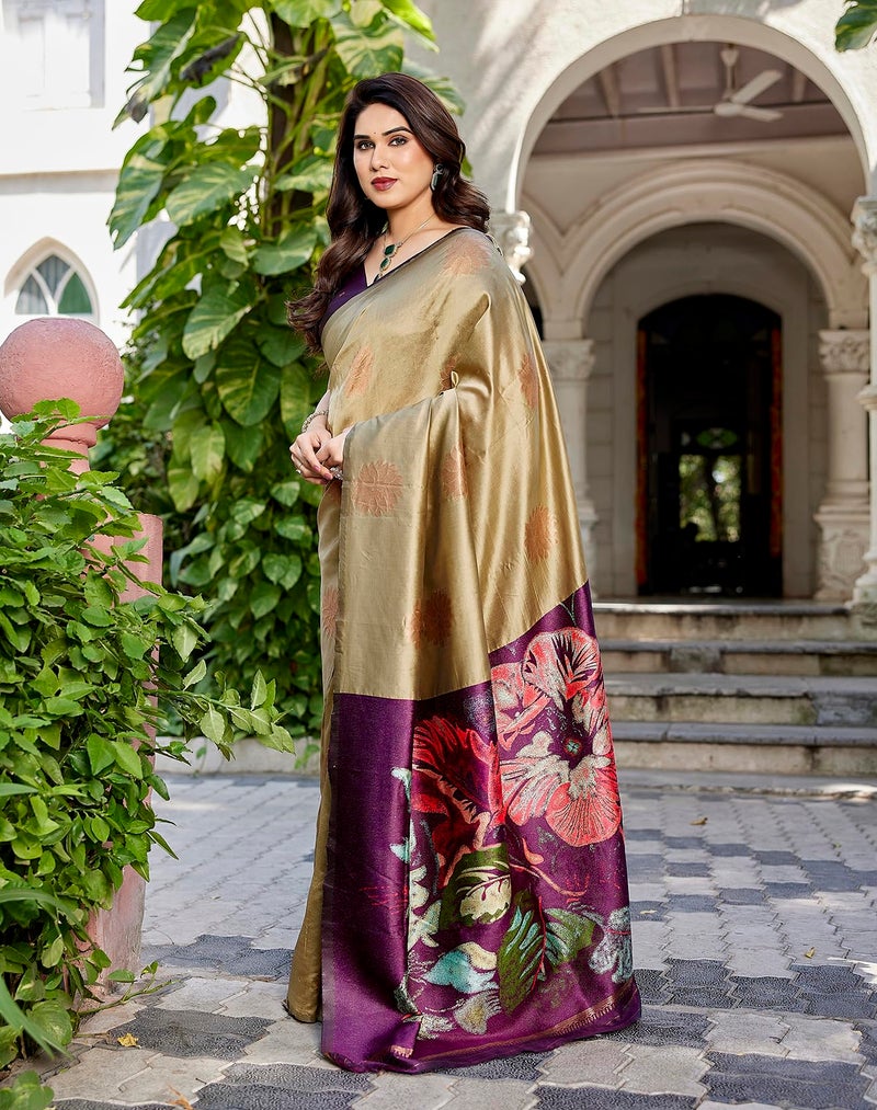 Yashika Women's Cotton Silk Beautiful Floral Printed Saree | Cream Color Saree | Women Sari | Saree - Image 5