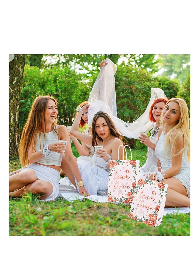 SYOSI - 12Pcs Team Bride Bags Floral Hen Party Bags Rose Gold Foiled Bags with Handle Wedding Paper Party Bags Bridesmaid Gift Bags Hen Do Accessories Hen Party Favours Bags for Keepsake Rose Gold - Image 1