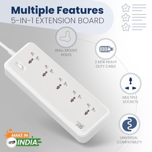 GIGAWATTS 5-in-1 Power Extension Board 5 Universal Sockets 2500W 2Mtr Heavy Duty Cord 250V Fireproof Child-Safe Surge Protector for Home Appliances Travel & Outdoor Power Tools (6 Months Warranty) - Image 4