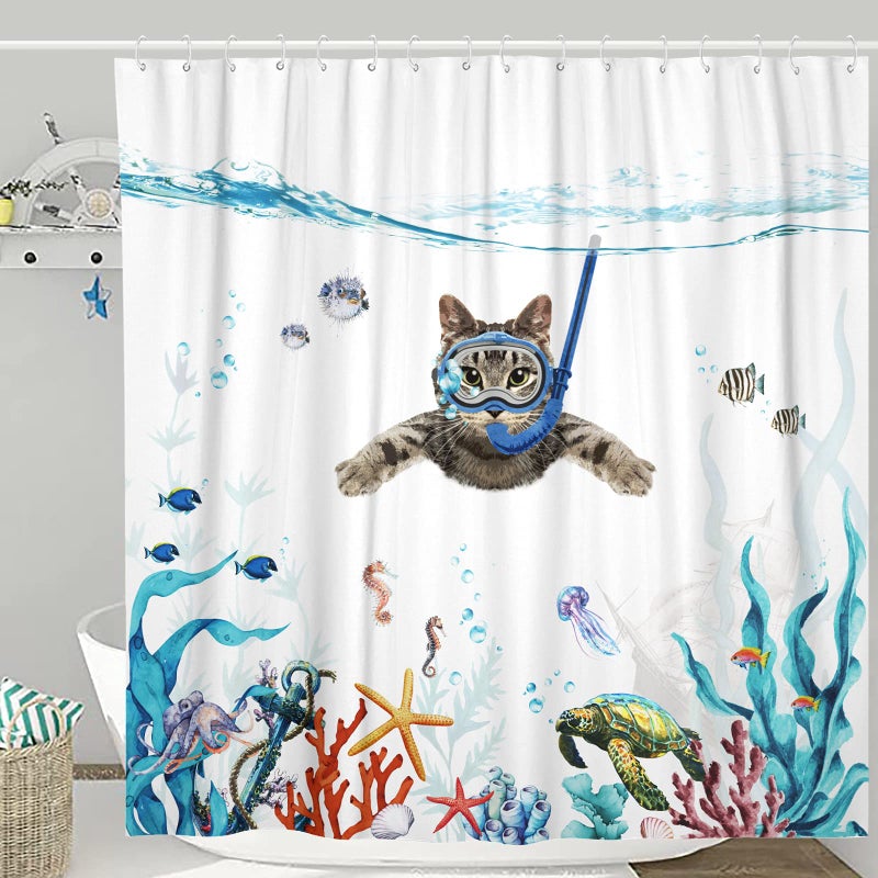 Fowocu Funny Cat Extra Long Shower Curtain Set Teal Blue Sea Ocean Waterproof Fabric Shower Curtains with Animal Octopus Starfish Turtle Anchor Fish Nautical Bathroom Curtain Decor Blue 7278