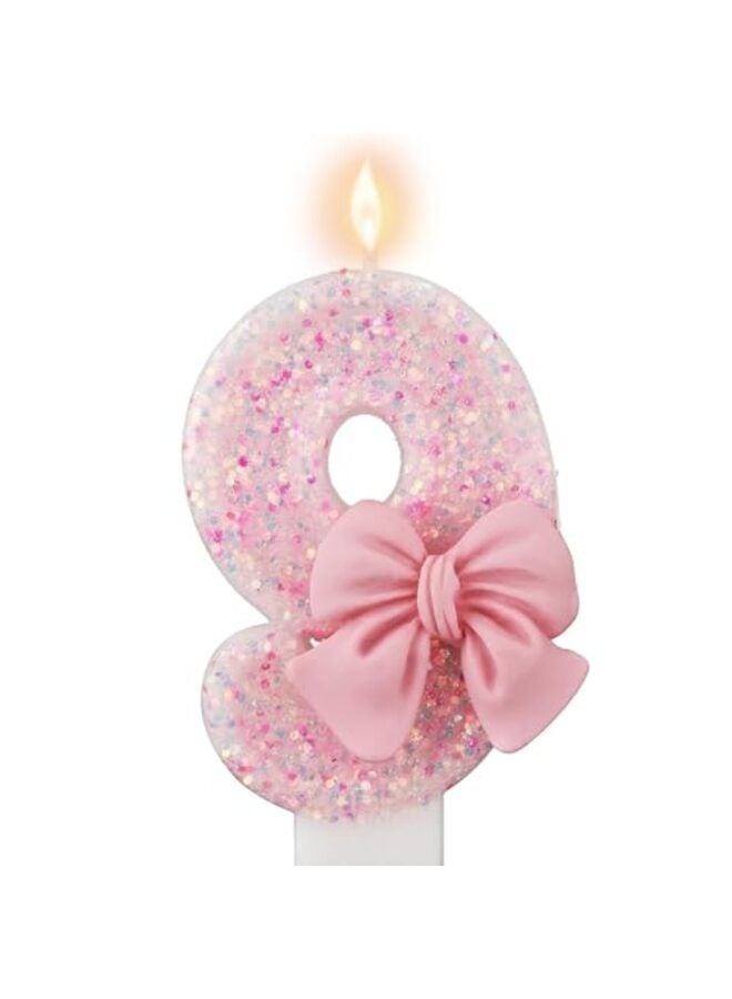 Pink Number Birthday Candle, Girl Birthday Party Pink Theme Decorations Supplies, 3D Bow Designed Glitter Pink Number Candles for Birthday Cake Topper Decorations (9#) - Image 1
