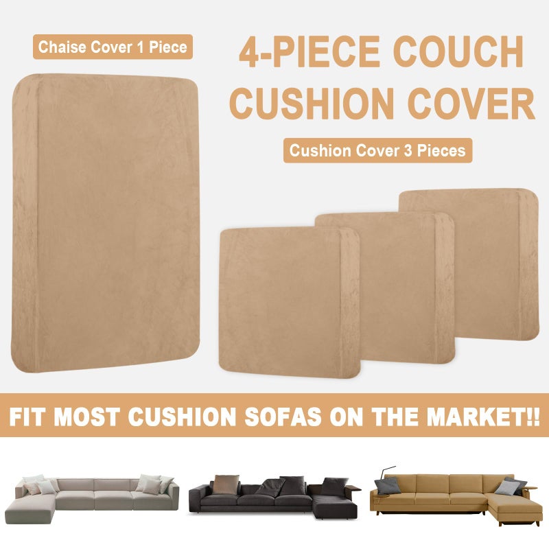 BT.WA Sectional Couch Covers for 4-Piece Seat Cushion Velvet Separate L Shape Couch Cover Stretch Sofa Slipcover with 2 Pieces Pillowcases Furniture Protector (Sofa 3 Seater + 1 Chaise  Camel) - Image 4