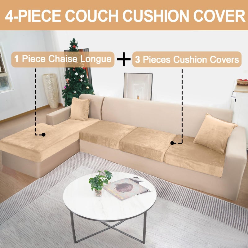 BT.WA Sectional Couch Covers for 4-Piece Seat Cushion Velvet Separate L Shape Couch Cover Stretch Sofa Slipcover with 2 Pieces Pillowcases Furniture Protector (Sofa 3 Seater + 1 Chaise  Camel) - Image 2