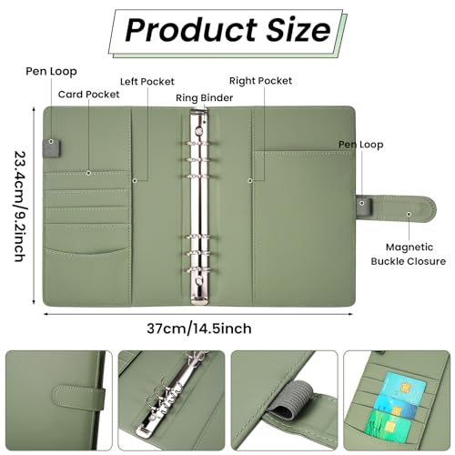 JIANTA A5 Binder 6 Ring, Refillable Notebook Planner Cover, PU Leather Binder Journal for A5 Refill Paper, Loose Leaf Budget Binder Notebook Binder (Green) - Image 2