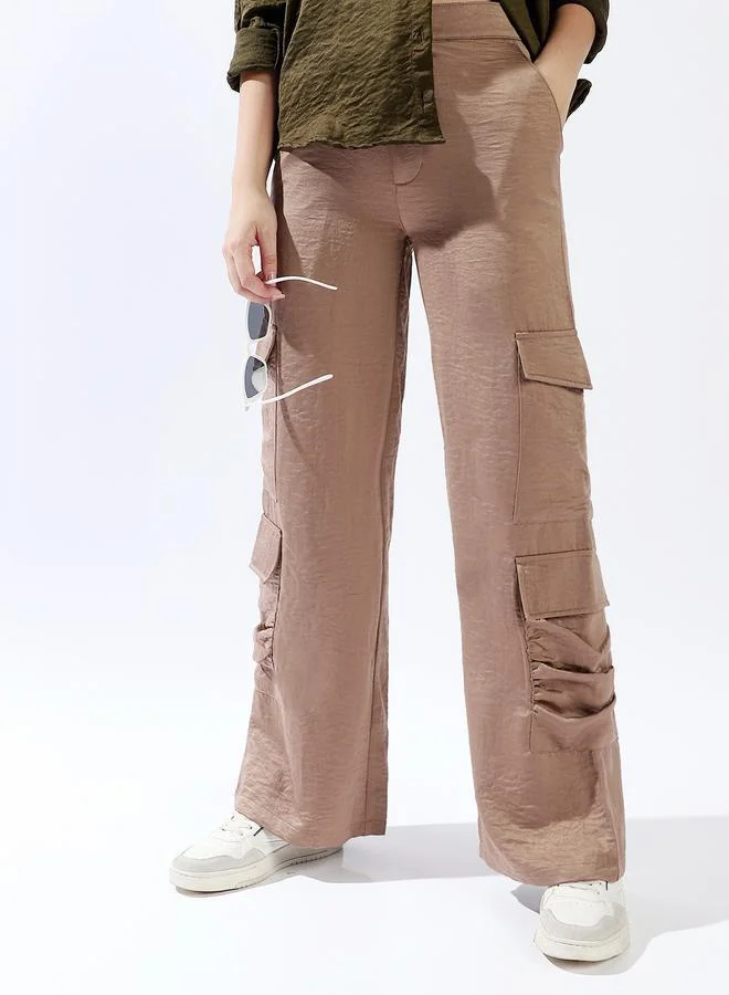 Hubberholme Women'S Dark Beige 100% Polyester Solid Pattern Full Length Cargo Wide Leg Trouser