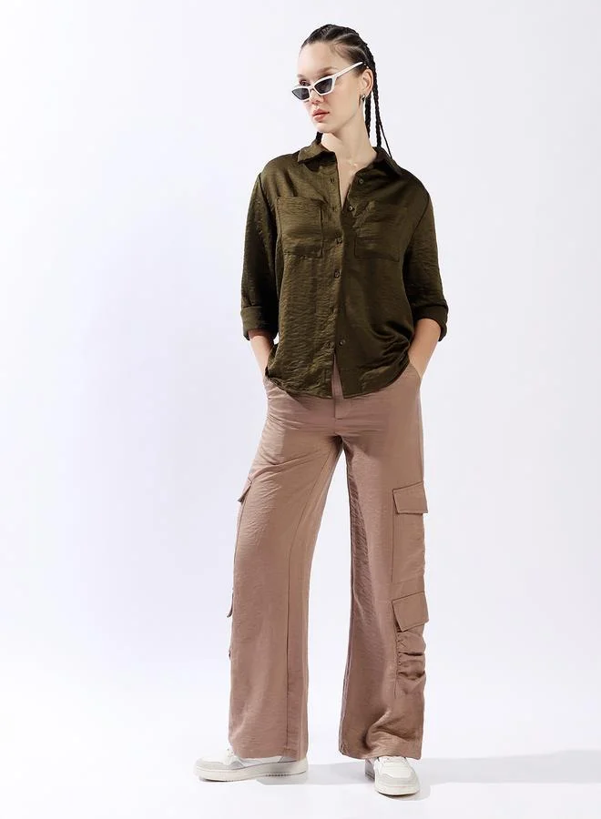 Hubberholme Women'S Dark Beige 100% Polyester Solid Pattern Full Length Cargo Wide Leg Trouser