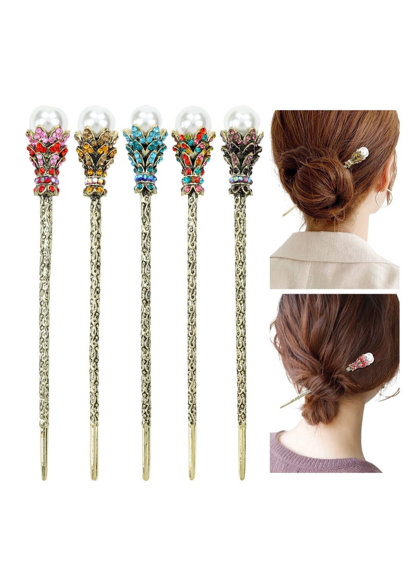 SYOSI 5 Pack Gold Shiny Crystal Rhinestone Pearl Vintage Metal Hair Sticks Pins Forks Retro Chinese Chopsticks Bun Updo Holders Accessories for Women Girls - Image 1