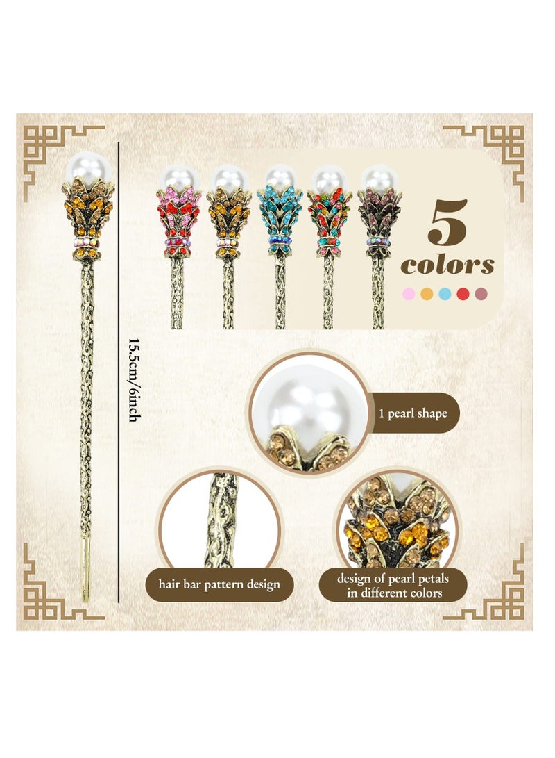 SYOSI 5 Pack Gold Shiny Crystal Rhinestone Pearl Vintage Metal Hair Sticks Pins Forks Retro Chinese Chopsticks Bun Updo Holders Accessories for Women Girls - Image 4