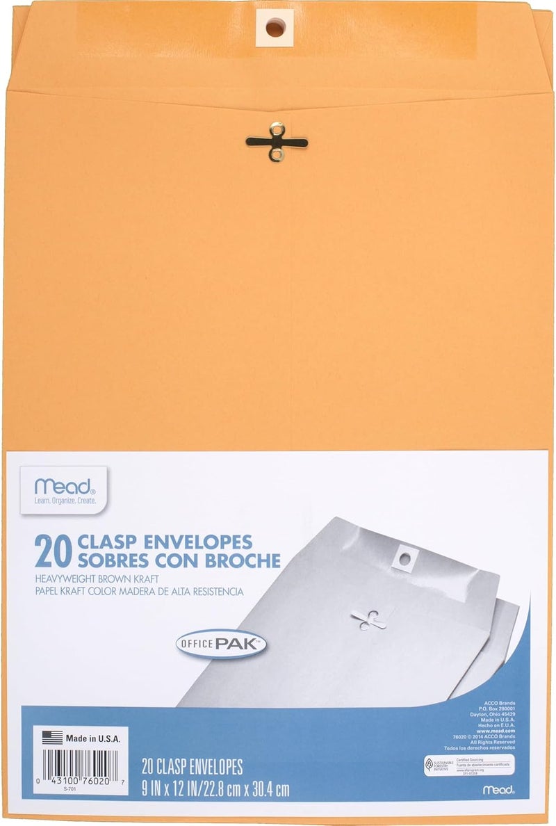 Mead Heavyweight Brown Kraft Clasp Envelopes, 9" x 12", 20 Count - Image 1