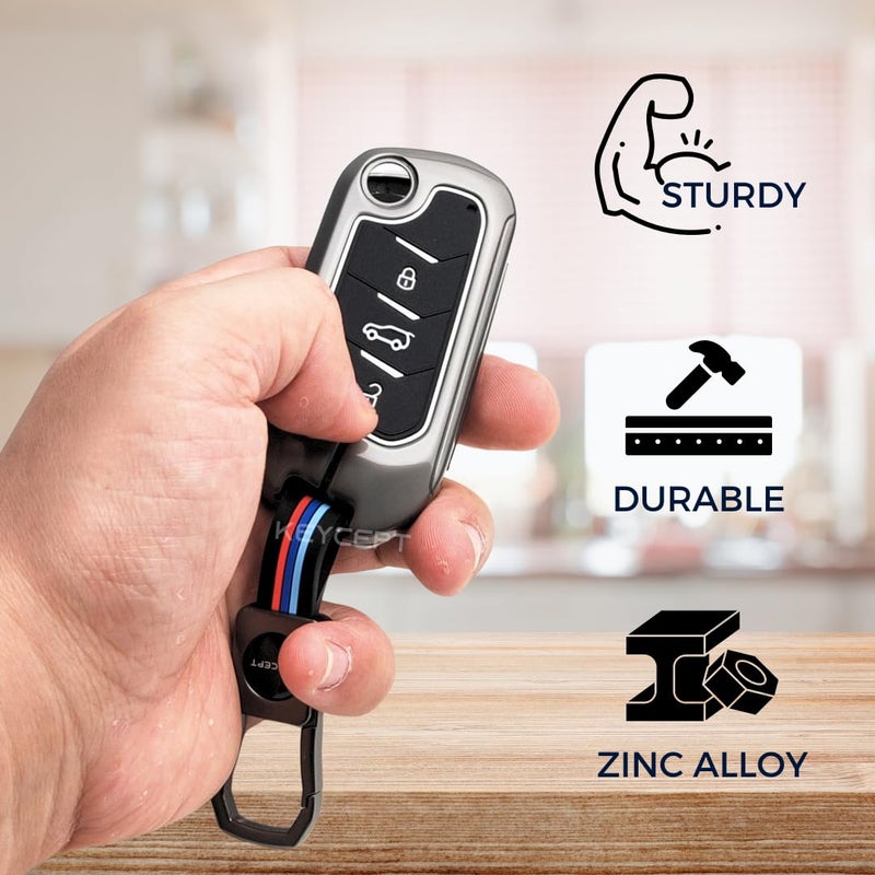 Keycept™ Metal Alloy Key Cover Compatible For Mahindra Scorpio N Classic,3Xo,Xuv 300,Marazzo,Xuv 400,Bolero,Thar Roxx,Tuv 300,Ev 3 Button Flip Key with Keychain (Short Keychain). - Image 4
