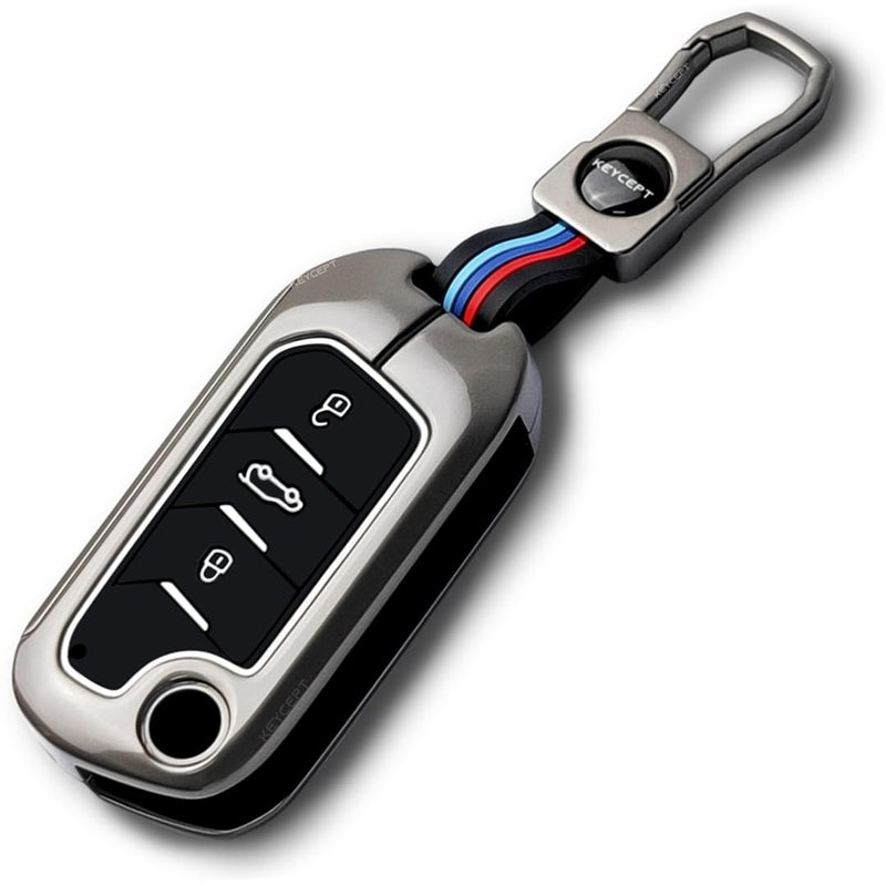 Keycept™ Metal Alloy Key Cover Compatible For Mahindra Scorpio N Classic,3Xo,Xuv 300,Marazzo,Xuv 400,Bolero,Thar Roxx,Tuv 300,Ev 3 Button Flip Key with Keychain (Short Keychain). - Image 1
