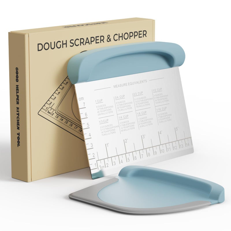 Bench Scraper Dough Cutter Tool Bowl Pastry Scraper for Bread Cake Pizza Bench Knife Kitchen Dough Scraper for Baking Stainless Steel Food Scraper with Grip Handles Measuring Scal Blue