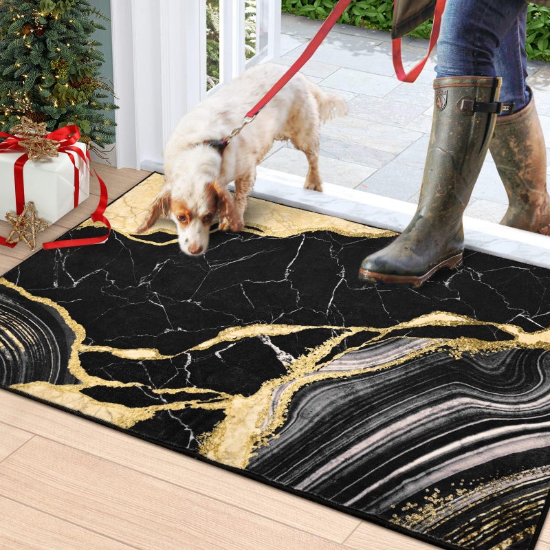 ASPMIZ Black and Gold Area Rug 2x3 Marble Entryway Rug Non-Slip Washable, Modern Indoor Door Mat Small Throw Rugs for Kitchen, Soft Faux Wool Floor Carpet Front Door Rugs Low Profile - Image 1