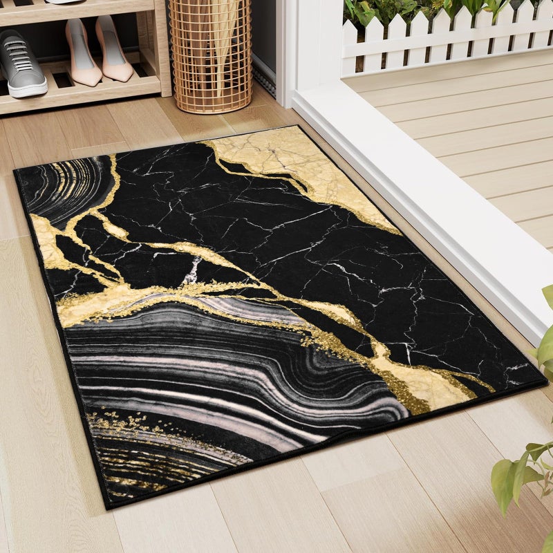 ASPMIZ Black and Gold Area Rug 2x3 Marble Entryway Rug Non-Slip Washable, Modern Indoor Door Mat Small Throw Rugs for Kitchen, Soft Faux Wool Floor Carpet Front Door Rugs Low Profile - Image 2