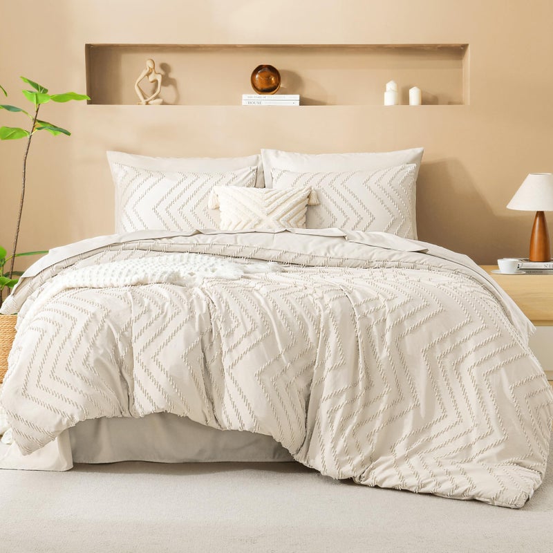 Litanika Beige King Size Comforter Set with Sheets 7 Pieces Bed in a Bag King Boho Tufted Complete Bedding Sets with Comforter Sheets Pillowcases Shams