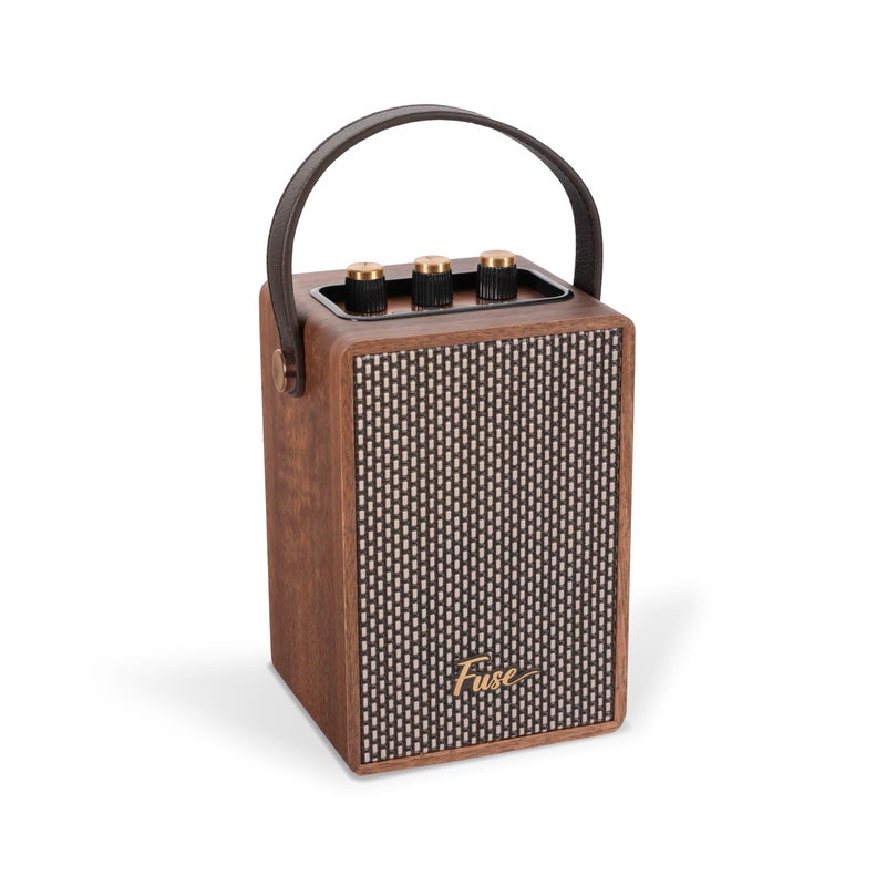 Fuse Andle Vintage Retro Bluetooth Speaker with Vegan Leather Handle Portable Speaker with Smartphone Connection USB AUX Input Stylish Brown Wood Exterior
