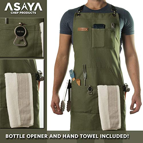 Asaya Chef, BBQ and Work Apron with Bottle Opener and Hand Towel - Durable 10oz Cotton Canvas, Brass Hardware and Cross Back Straps - For Men, Women, Grilling, and Cooking (Green) - Image 2