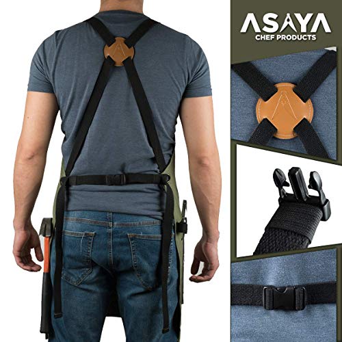 Asaya Chef, BBQ and Work Apron with Bottle Opener and Hand Towel - Durable 10oz Cotton Canvas, Brass Hardware and Cross Back Straps - For Men, Women, Grilling, and Cooking (Green) - Image 3