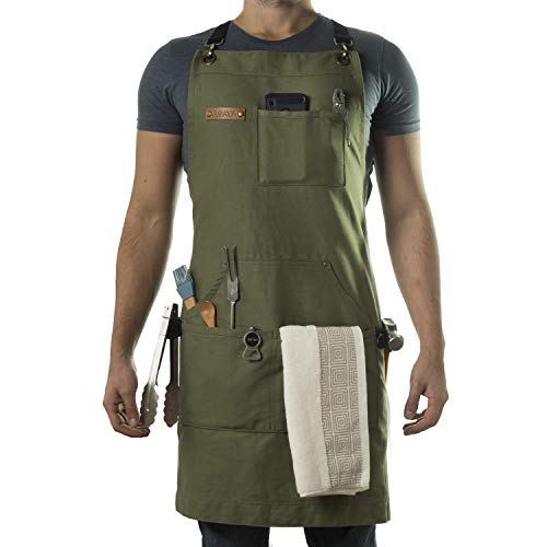 Asaya Chef, BBQ and Work Apron with Bottle Opener and Hand Towel - Durable 10oz Cotton Canvas, Brass Hardware and Cross Back Straps - For Men, Women, Grilling, and Cooking (Green) - Image 1