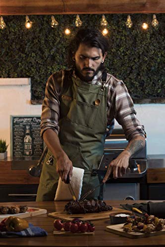 Asaya Chef, BBQ and Work Apron with Bottle Opener and Hand Towel - Durable 10oz Cotton Canvas, Brass Hardware and Cross Back Straps - For Men, Women, Grilling, and Cooking (Green) - Image 5