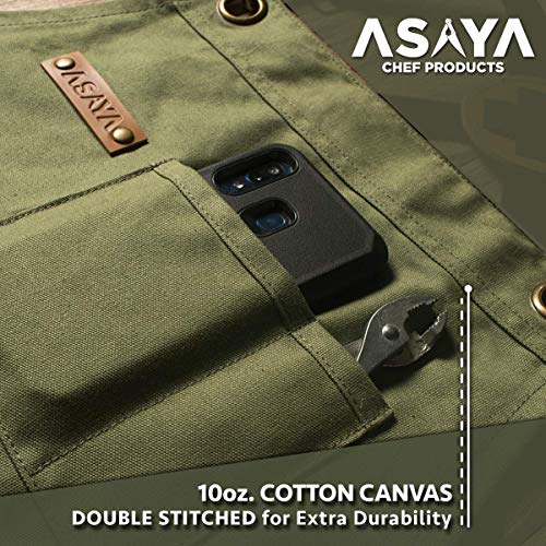 Asaya Chef, BBQ and Work Apron with Bottle Opener and Hand Towel - Durable 10oz Cotton Canvas, Brass Hardware and Cross Back Straps - For Men, Women, Grilling, and Cooking (Green) - Image 4