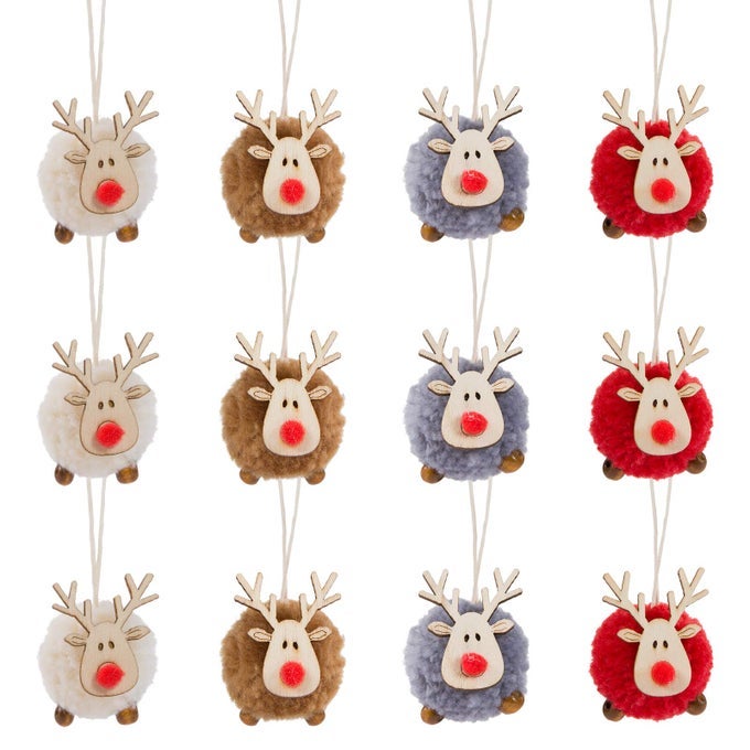12 PACK CHRISTMAS FELT ELK HANGING ORNAMENTS CHRISTMAS TREE WOODEN REINDEER HANGING PENDANTS DECORATIONS FOR XMAS PARTY TREE HOME DECOR4 COLORS