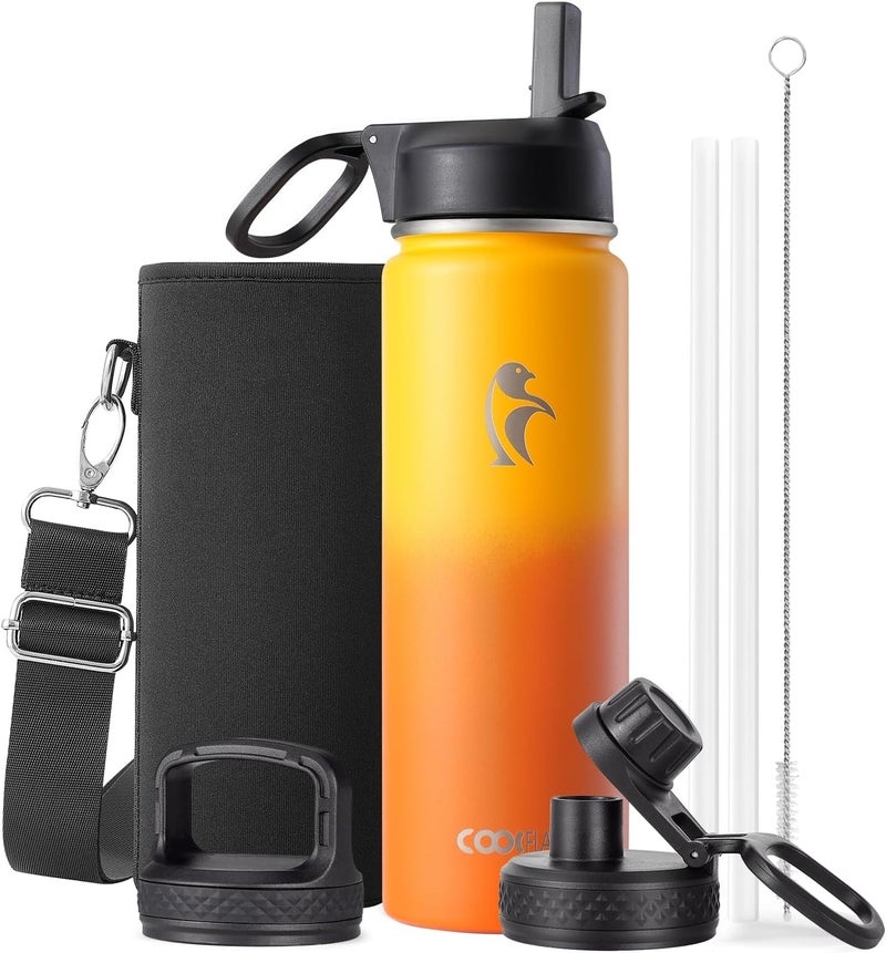Coolflask Water Bottle 650ml Insulated with Straw, Stainless Steel Metal 3 Lids Water Flask Wide Mouth for Sports or Office, Non-BPA Keep Cold Up to 48 Hrs or Hot Up to 24 Hrs, Ombre Yellow/Orange - Image 1