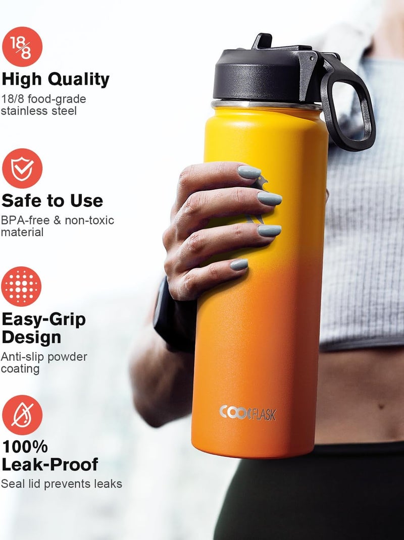 Coolflask Water Bottle 650ml Insulated with Straw, Stainless Steel Metal 3 Lids Water Flask Wide Mouth for Sports or Office, Non-BPA Keep Cold Up to 48 Hrs or Hot Up to 24 Hrs, Ombre Yellow/Orange - Image 3