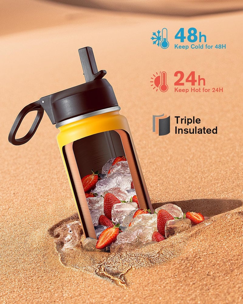 Coolflask Water Bottle 650ml Insulated with Straw, Stainless Steel Metal 3 Lids Water Flask Wide Mouth for Sports or Office, Non-BPA Keep Cold Up to 48 Hrs or Hot Up to 24 Hrs, Ombre Yellow/Orange - Image 2