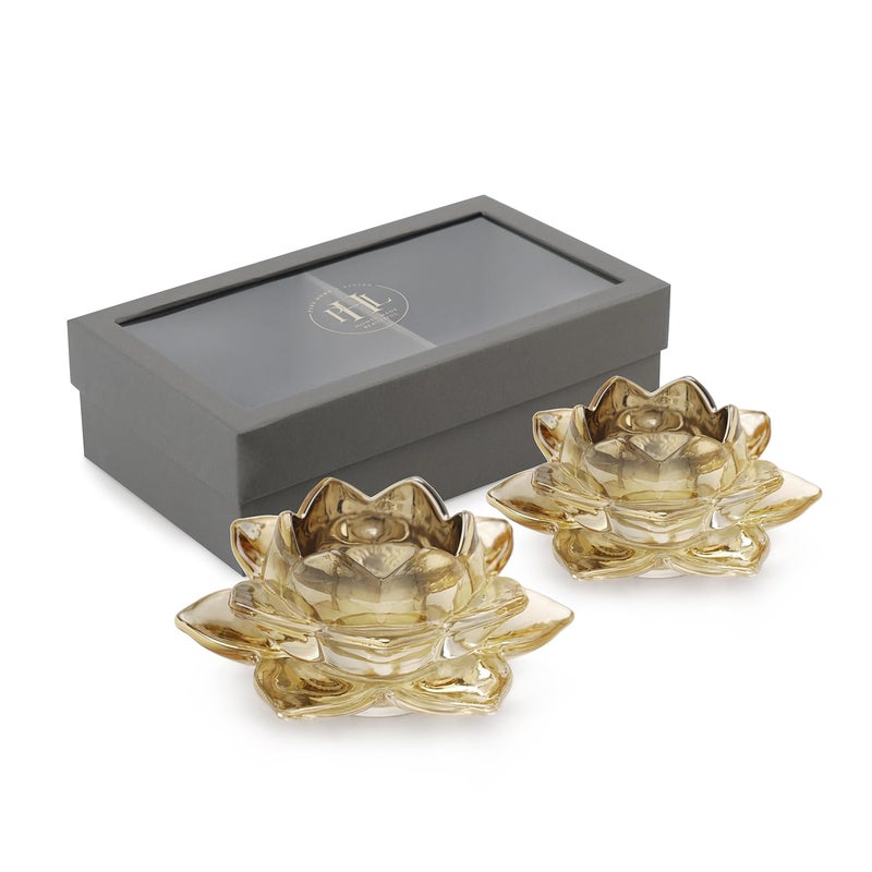 PURE HOME + LIVING Pure Home Living Set of 2 Light Amber Glass Lotus Shaped Tealight Holders  - Image 3