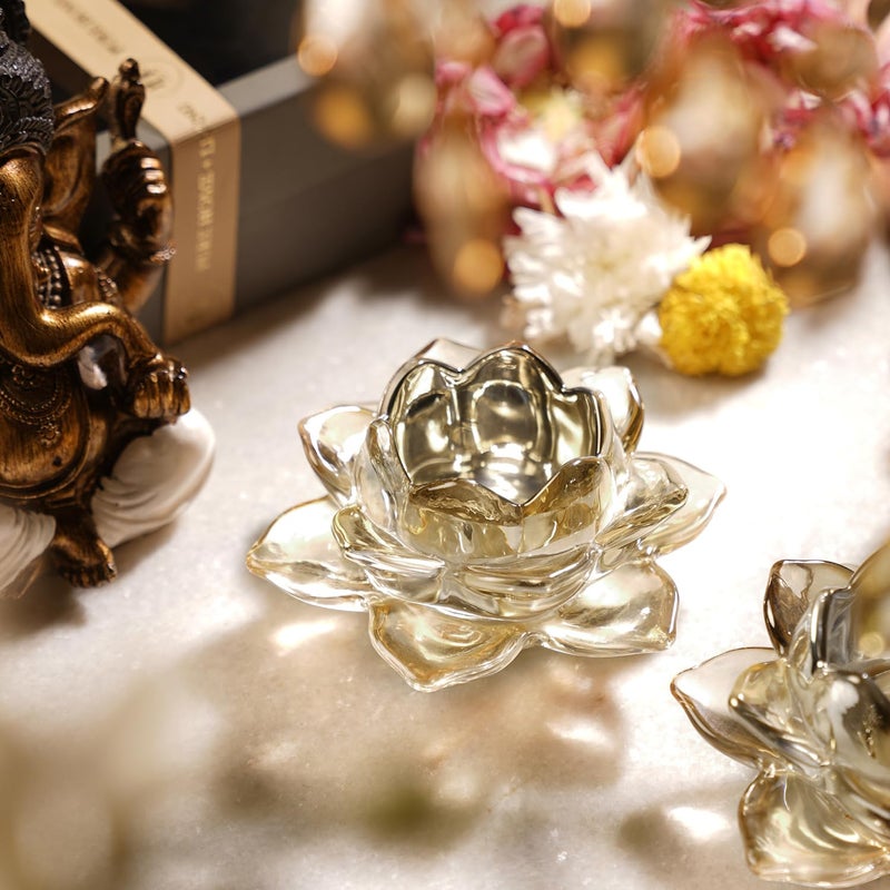 PURE HOME + LIVING Pure Home Living Set of 2 Light Amber Glass Lotus Shaped Tealight Holders  - Image 2