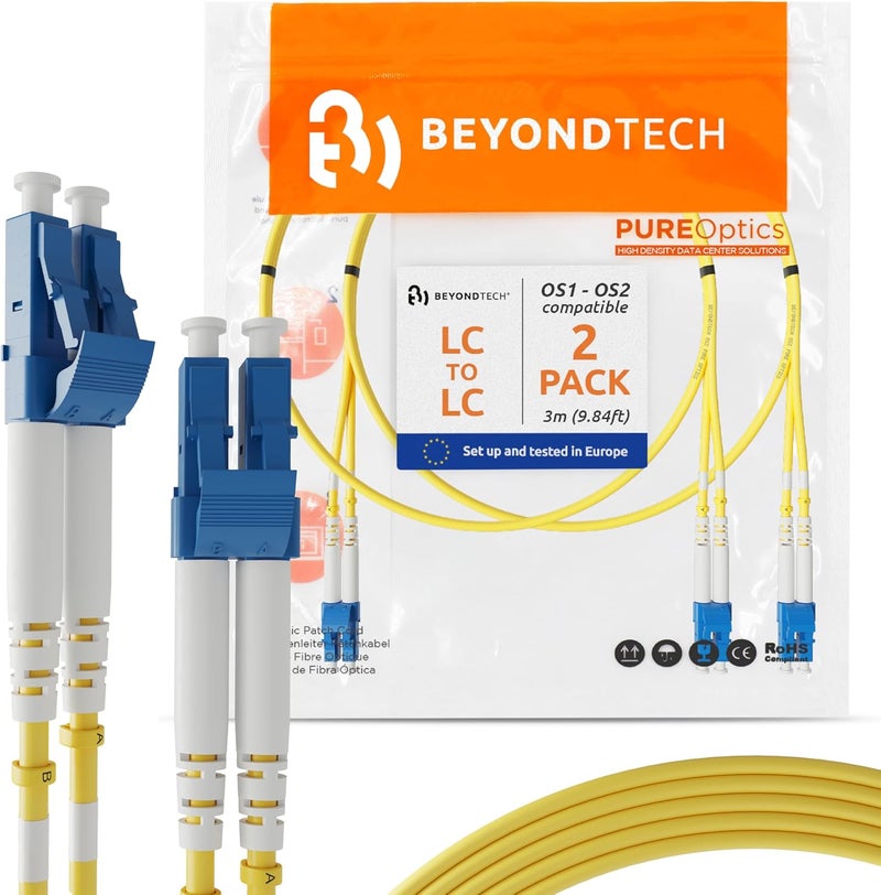 BEYONDTECH 3m (9.84ft) LC to LC Fiber Patch Cable – (2 Pack) UPC Single-Mode Duplex Fiber Optic Cable – 9/125µm core, Compatible with OS1 & OS2 – LSZH PUREOptics Series - Image 1